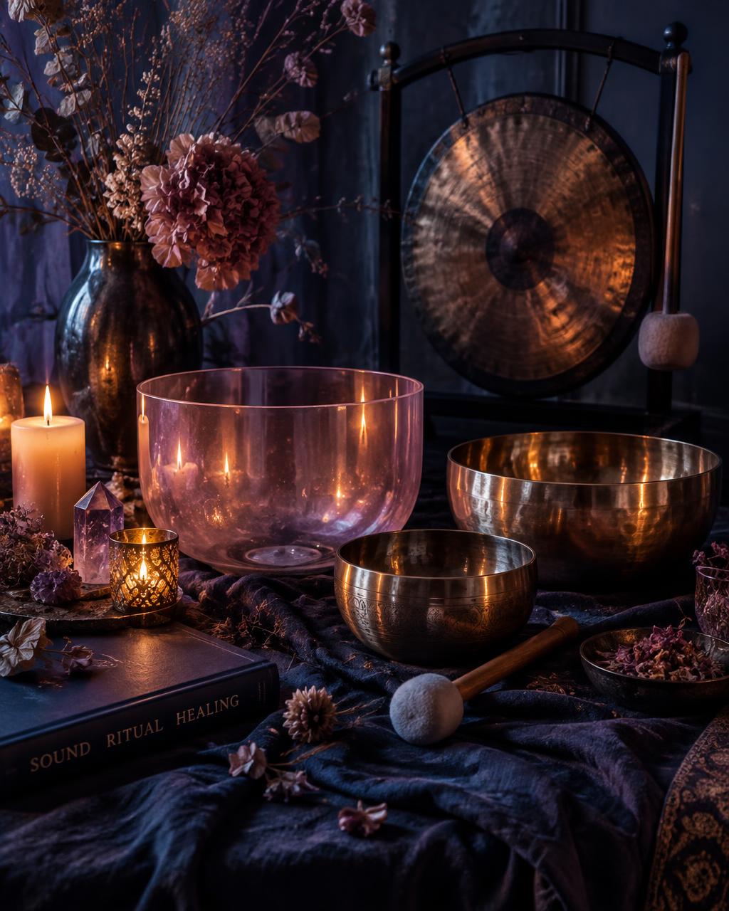 Crystal and brass singing bowls with a gong and dried flowers on dark linen, lit by candlelight