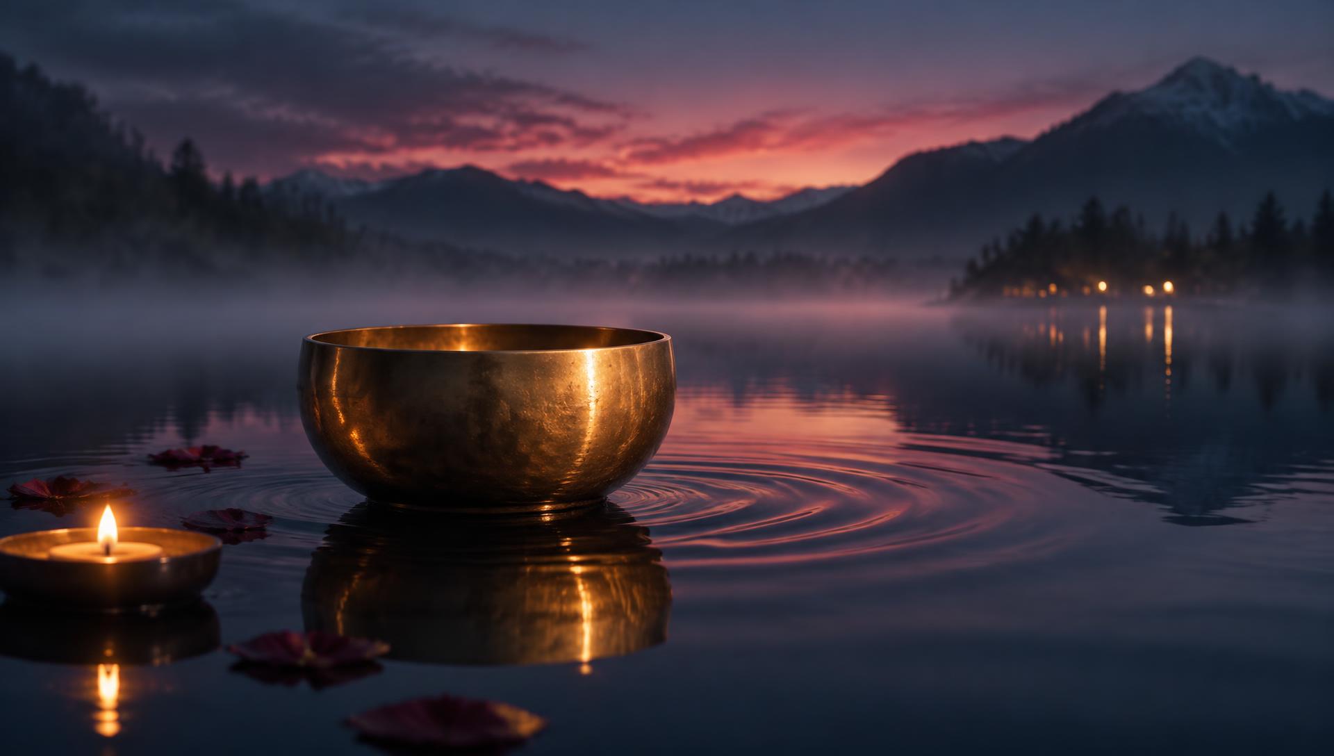 A brass singing bowl resting on still water at twilight, a ripple spreading beneath a pink and blue dusk sky