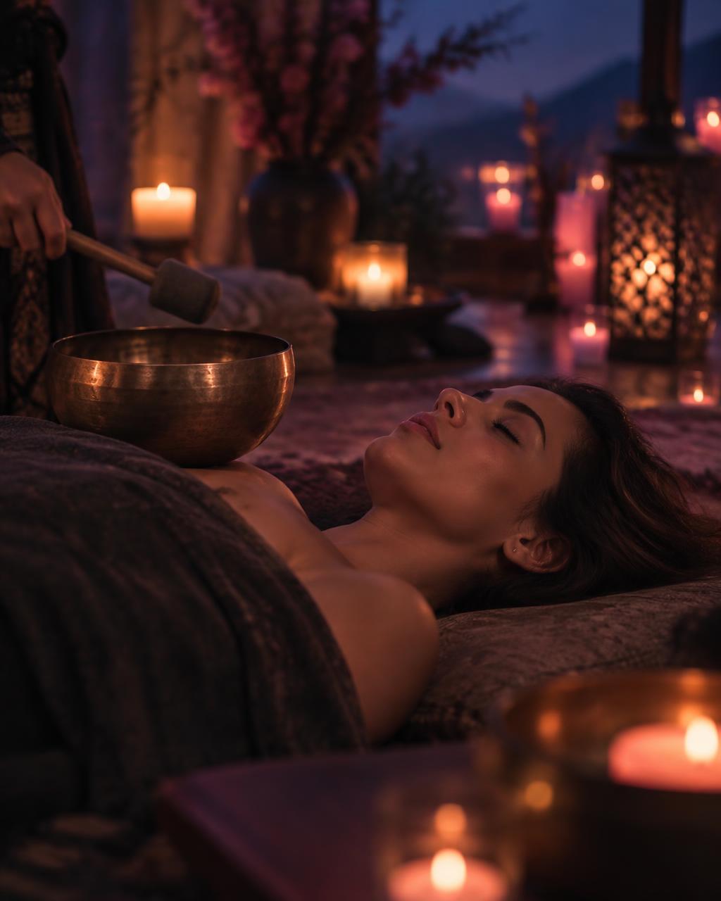 A person lying down during a private sound therapy session, candlelight glowing in a dim twilight room